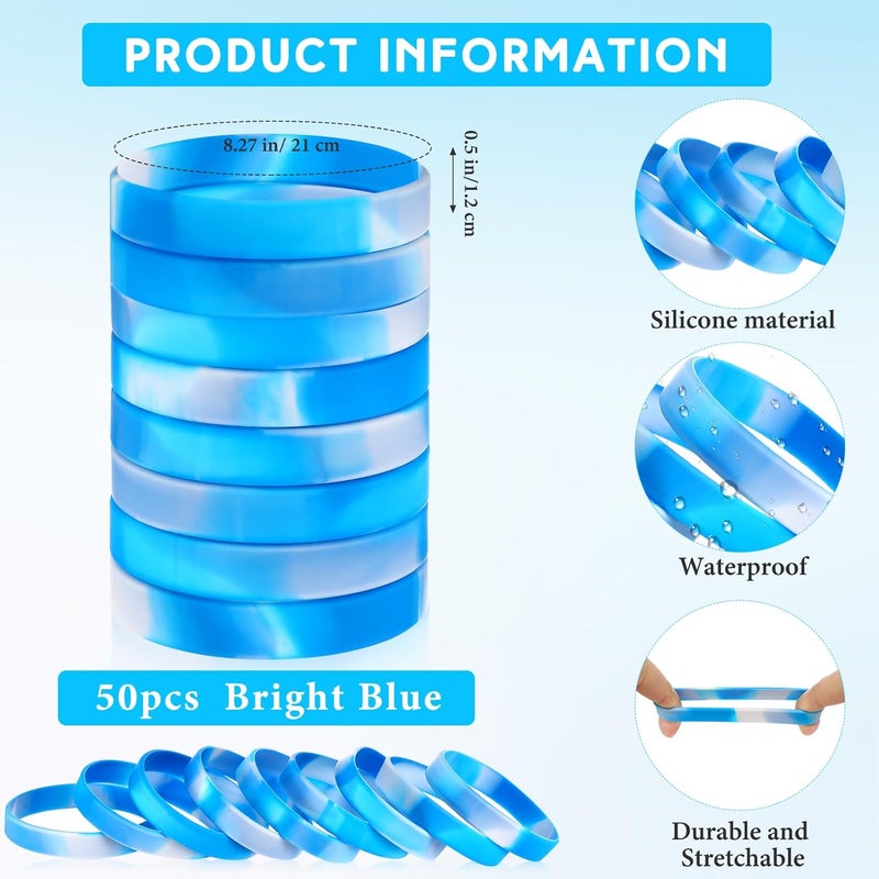 Liliful 50 Pcs Plain Silicone Rubber Bracelets Elastic Rubber Wristbands Blank Colored Bracelet Sports Bands for Stretch Wristband Wrist Bands for Women Men Party Gifts(Blue and White) - Image 2